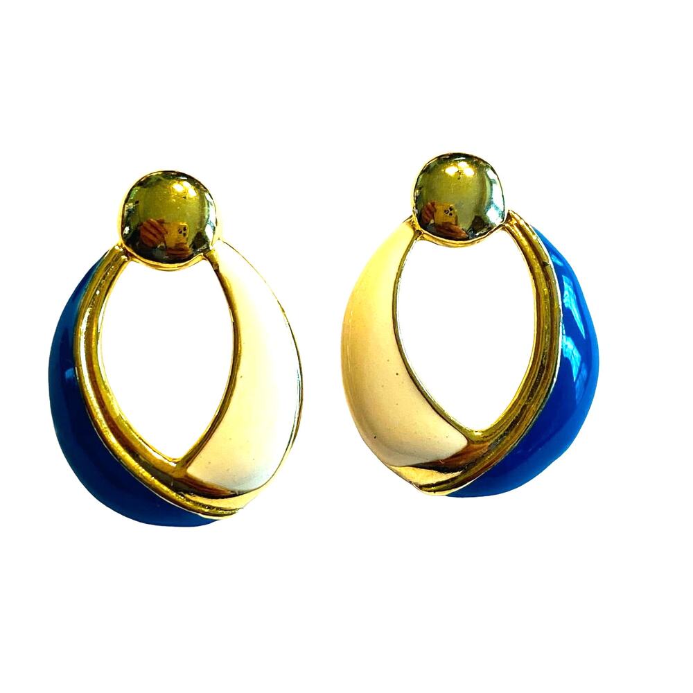 Vintage 80's pierced earrings goldtone hoops creamy white & blue enamel finish